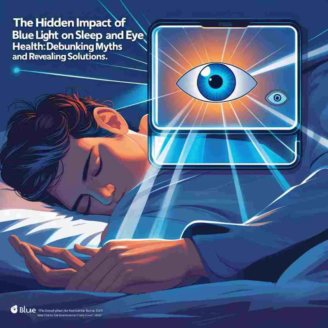 Digital illustration of a smartphone screen emitting blue light with sleep and eye health icons,blue light, sleep, eye health, debunking myths, digital eye strain, blue light solutions, screen time, digital wellness