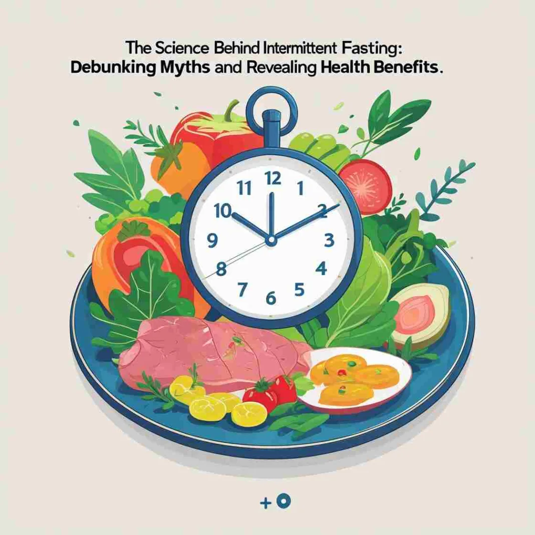 Digital illustration of a clock integrated with a plate of healthy food, symbolizing intermittent fasting,intermittent fasting, fasting, health benefits, debunking myths, science of fasting, metabolic health, natural health, wellness