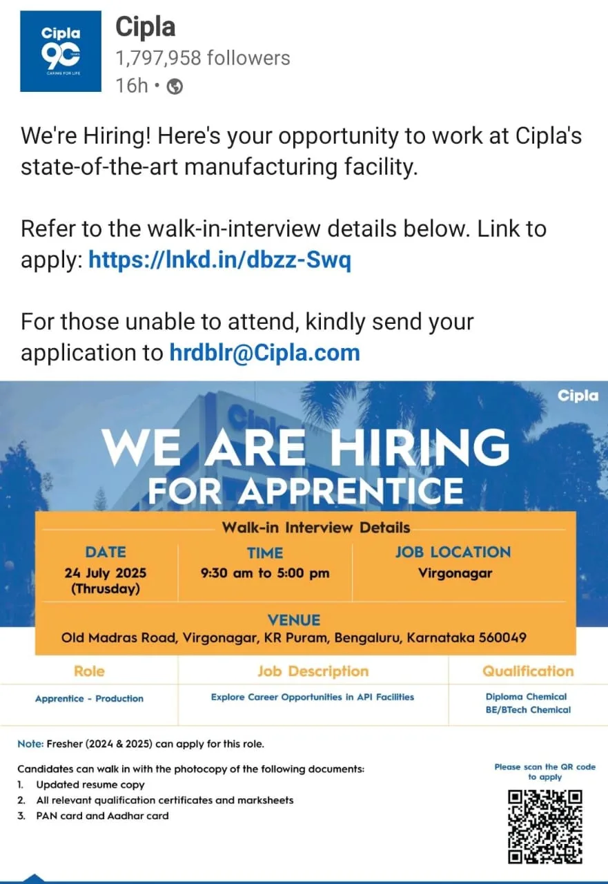 Cipla, Pharma Jobs, Walk‑in Interview, Apprentice Production, Chemical Engineering, Bengaluru Jobs, Freshers Hiring, API Manufacturing ,Cipla production apprentice Virgonagar, API manufacturing freshers, Bengaluru walk‑in jobs