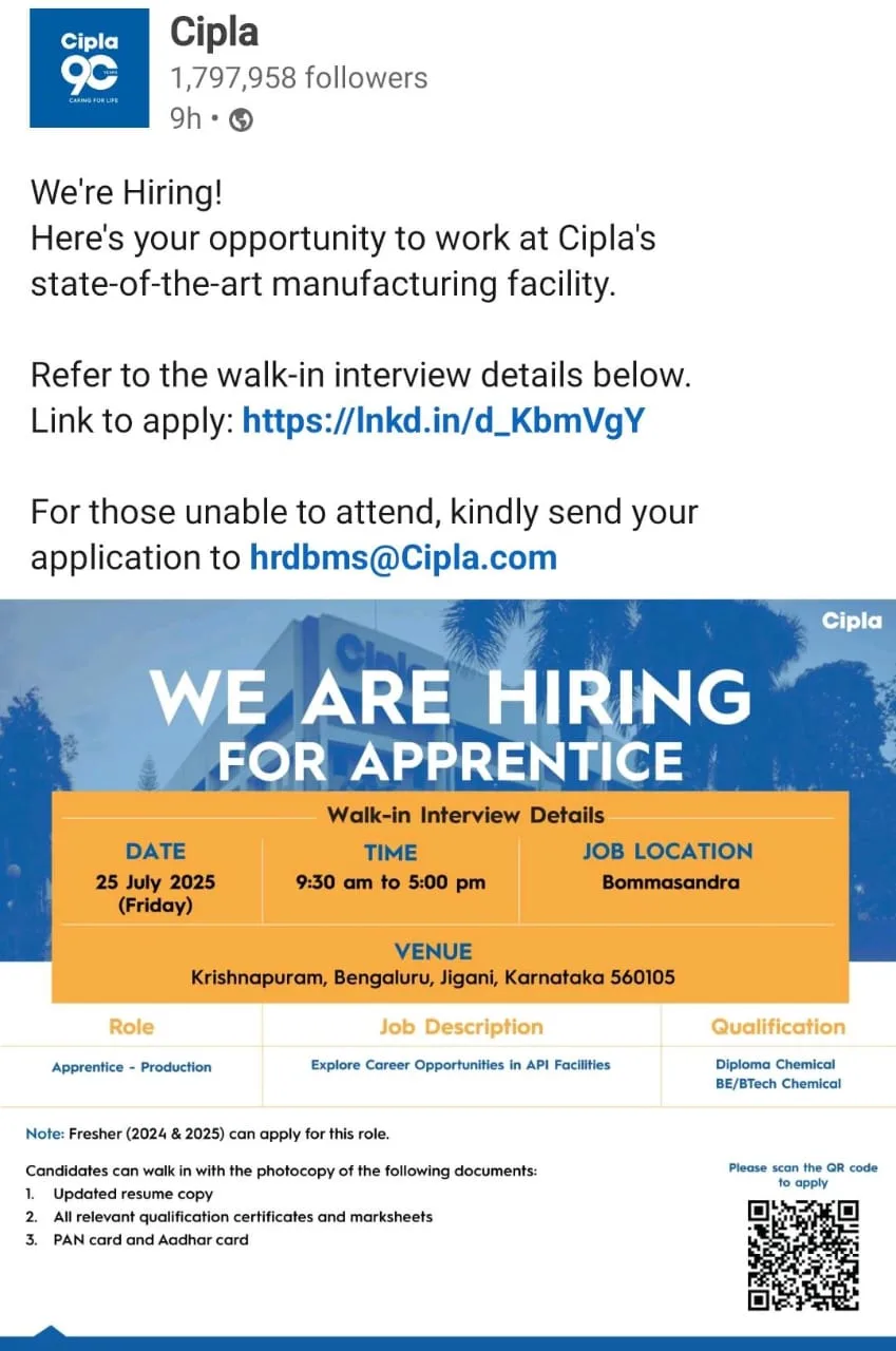 Cipla production apprentice, API manufacturing jobs, chemical engineering freshers, walk‑in interview Bangalore, pharma jobs 2025,Cipla, Pharma Jobs, Walk‑in Interview, Apprentice Production, Chemical Engineering, Bengaluru Jobs, Freshers Hiring, API Manufacturing